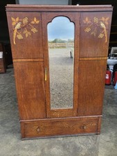 Mid 20thC Oak mirrored wardrobe inlaid door drawer