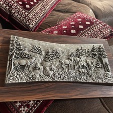 Vintage West German Wall Plaque Stag Deer Pine Tree MCM Faux Wood Metal