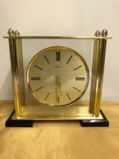 Vintage Coral Quartz Mantle Clock Brass Tone Frame & Glass Skeleton Design 
