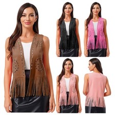 Womens Western Cowgirl Fringe Vest Tassel Open Front  Tops Waistcoat 70s Disco