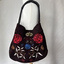 Billy Bag Shoulder Handbag Large Embroidered Floral Brown Felt Blanket & Leather