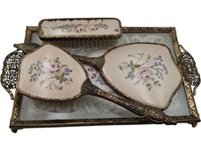 Vintage Vanity Set Floral Embroidered Tray Mirror Brush Set Elegant Design