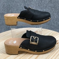 Dr Scholls Shoes Womens 9 M Mule Clogs Black Faux Leather Wooden Studded Buckle