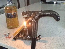 Walking/Gadget Stick Dragon Design Derby Handle Lighter, Flask & Pill Holder