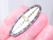 Superb Antique Guilloche Iridescent White Blue Enamel Pearl Gold Brooch Pin