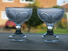 2 Antique Champagne Coupes Saucers Heavy Clear Crystal Cut Square Foot Bohemian