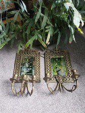 Antique Vintage Pair MIRROR SCONCES WALL Candleholders Brass Ornate Beveled 