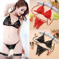 Black lace Sexy Open Crotch Knickers and Peephole Bra Set Lingerie