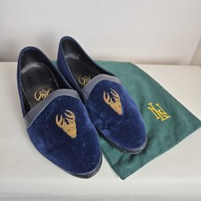 Vintage Mens UK7 Navy Gold Velvet Leather Embroidered Slippers Loafers Stag Logo