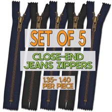 SET OF 5 Metal Antique Brass Teeth Zip Dress Jeans Zipper Clos-End Black / Navy
