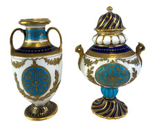 Wedgwood Pair Of Handpainted Porcelain & Gilt Urn Vases c1900 