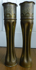 Elegant pair of trench art German 77mm shells 1906 & 1917 Yser souvenirs