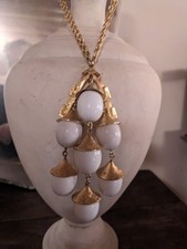 Vintage "Trifari" Gold Tone & White Enamel Cascading White Bead Necklace