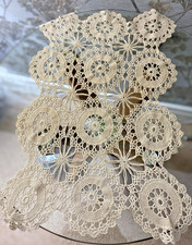 VINTAGE BEIGE COTTON HAND WORKED CROCHET LACE LARGE DOILY/TABLE MAT ~22" x 14"