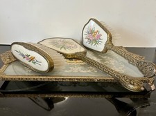 Antique Regent of London Brass & Glass Floral Petit Point Dressing Table Vanity