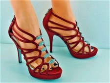 Red satin strappy diamante shoes 4.5'' heel 1'' platform 