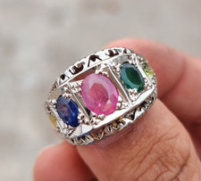 Multistone Ruby Ring, Emerald Sapphire Peridot Ring For Men, Natural Yaqoot Ring