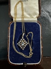 Antique BOX, 9K Gold Aquamarine & Diamond Starburst Pendant Necklace, B'ham 2005