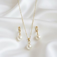 18K Gold Plated White Faux Pearl Necklace & Earrings Set, Bridal Jewellery