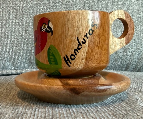 Hand painted wooden cup - wooden, saucer