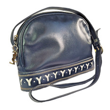 YSL Vintage 80s Navy White Leather Shoulder Bag Perforated Y Logo Crossbody