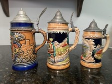 Set of 3 Vintage German Beer Steins with Pewter Lids Gerzit & Handpainted