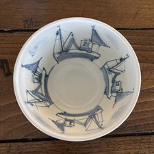 Vintage Iden Pottery Bowl Rye Fishing Boats Hand Painted by RAH 1993 VGC