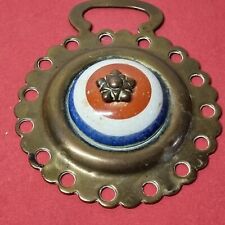 Antique Stamped Horse Brass With Red, White & Blue Ceramic To Centre