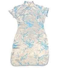 Mini Chinese Evening Dress Womens S White Blue Floral Cheongsam Short Sleeve