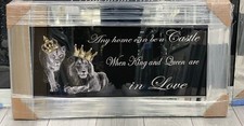 LION KING AND QUEEN WITH CROWNS LIQUID ART WALL FRAME CHROME LOOK 82x42cm S-14