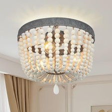 Bohemian Ceiling Light, Natural Wood Beaded Chandelier - White