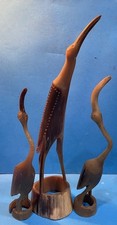 3 X Vintage Folk Art Natural Horn Hand Carved Heron Bird Art Sculpture