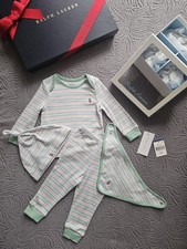 Ralph Lauren Pony Logo Long Sleeve Top Bottoms Hat Bib Baby Boy Gift Set 9 Month