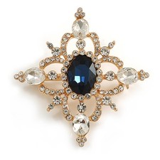 Blue/ Clear Austrian Crystal Diamond Shape Corsage Brooch In Gold Plating -