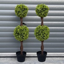 90cm Green Double Ball Topiary Trees - Artificial Boxwood in Plastic Pot Pair