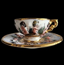 Antique CAPODIMONTE Italy Hand Painted Cherub Teacup & Saucer Numbered