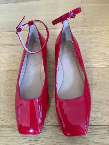 Red patent ankle strap shoes