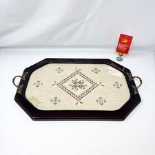 Vintage Lefkara Cyprus Embroidered Pattern Lace Serving Tray Wood Brass     BP8