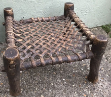 Antique Asian Indian wood & leather stool hand made craftwork naive folk art