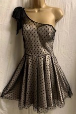 Topshop Black Mesh Embroidered Dotty Size 10 Bow Pleated Xmas Party Mini Dress