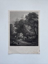 Antique Engraving horse-drawn cart loaded with produce and people traveling 1830
