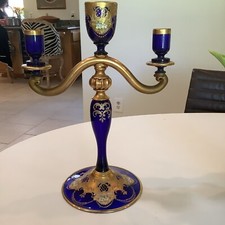 Murano  Vimax Cobalt Glass Venetian Hand Made Painted 24kt Candlabra WOW