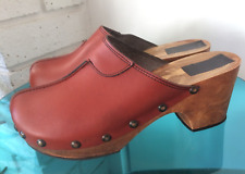 VINTAGE 70S BROWN TAN LEATHER WOOD CLOGS PLATFORM SHOES SIZE 5 ITALIAN