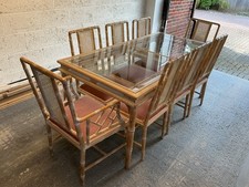 BEAUTIFUL GLASS TOP & WOOD TABLE & 8 CHAIRS / DUSTY PINK VELVET SEAT & SIDEBOARD