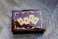 Italian Marquetry Playing Cards Box, Cards & 1930s Rubicon Bezique Booklet