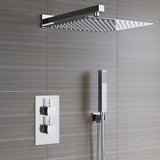 Bathroom Mixer Shower Thermostatic Dual Head Square Rainfall Head Handset Chrome