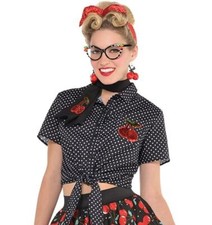LADIES 1950'S ROCK N ROLL FANCY DRESS COSTUME RETRO STYLE BLOUSE 1960'S CHERRY