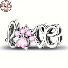 Pink Paw Print Love Script Charm S925 Sterling Silver Charm for Women