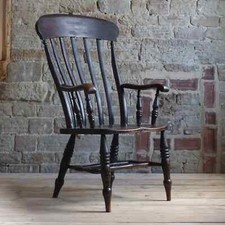 Antique Victorian High Back Grandfather Chair Solid Wood Brown Ebonised Paint