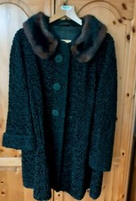 lovely black Astra Fur curly lambs wool mid length coat, fur collar